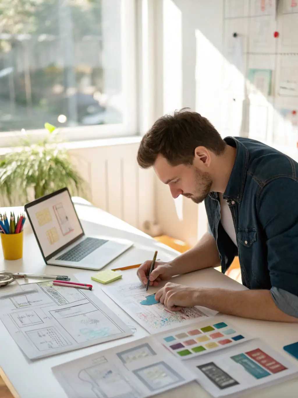 A visually appealing graphic representing the 'Design & Planning' phase. The image should show a designer working on a website mockup, with various design elements and color palettes displayed.