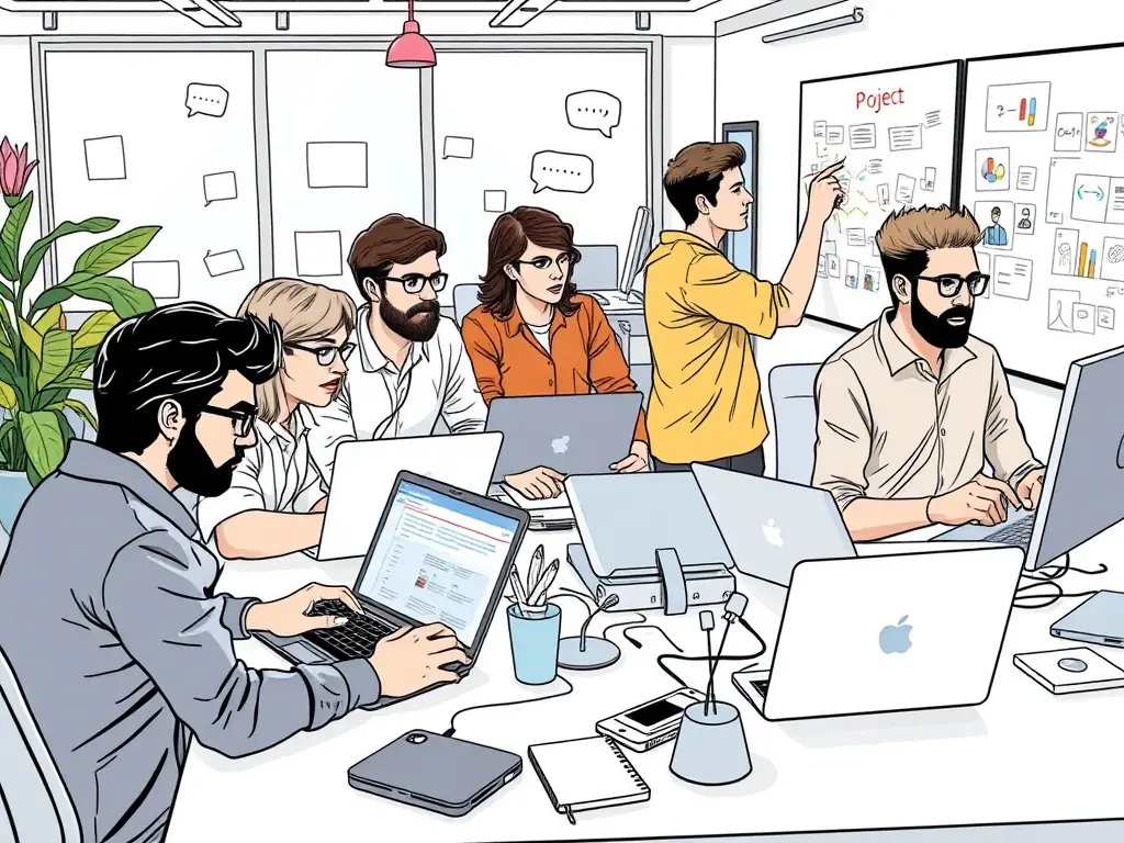 A team of web developers collaborating on a website's backend code, highlighting the technical expertise involved in website development.